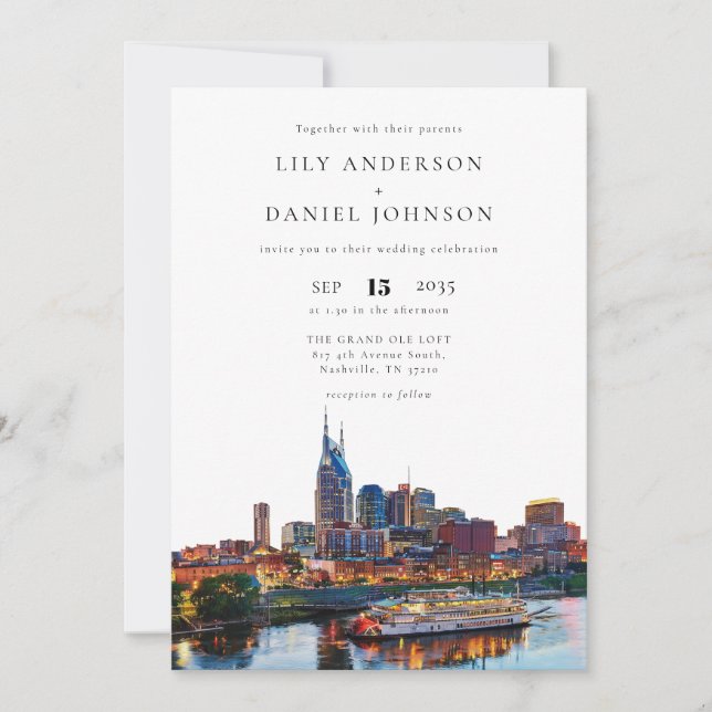 Nashville-Riverfront-Aquarell-QR-Code-Hochzeit Einladung (Vorderseite)