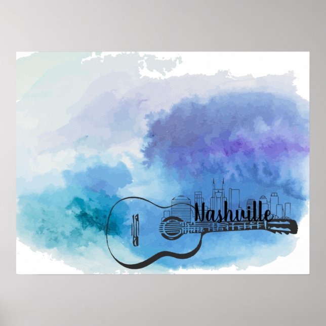 Nashville Skyline Guitar Watercolor Design Poster (Vorne)