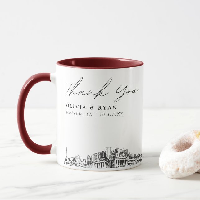 Nashville Skyline Sketch Simple Custom Wedding Tas Tasse (Mit Donut)