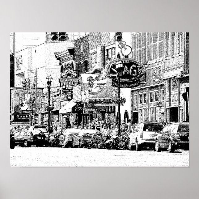 NASHVILLE STREET SCENE - Digitaler Pen- und Tinten Poster (Vorne)