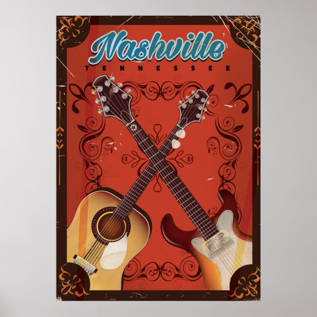 Nashville, Tennessee Guitar Vintage Reiseplakat Poster (Vorne)