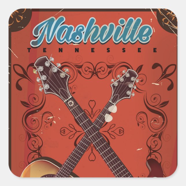 Nashville, Tennessee Guitar Vintage Reiseplakat Quadratischer Aufkleber (Vorderseite)