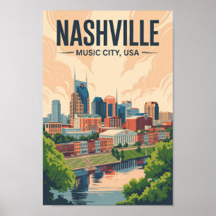 Nashville Tennessee Skyline Reisen Vintag Poster