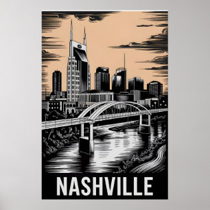 Nashville Tennessee Skyline Schwarz Weiß Holzschni Poster