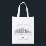 Nashville, Tennessee Wedding | Stilisierte Skyline Wiederverwendbare Einkaufstasche<br><div class="desc">Eine einzigartige Hochzeitstasche für eine Hochzeit in der schönen Stadt Nashville,  Tennessee. Diese Tasche zeigt die einzigartige Skyline der Stadt mit ihrem Namen darunter. Anschließend erhalten Sie Informationen zu Ihrem Hochzeitstag in einem passenden,  offenen Stil.</div>