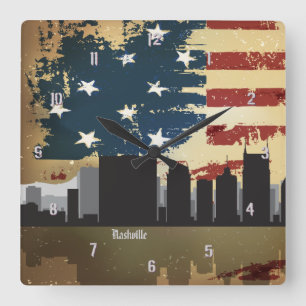 Nashville, TN  American Cities CityScape Clock Quadratische Wanduhr