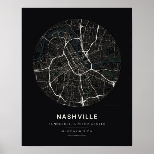 Nashville TN Schwarze Stadtplan-Kunstprint Poster