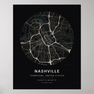 Nashville TN Schwarze Stadtplan-Kunstprint Poster
