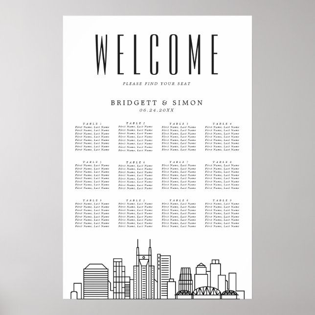 Nashville Wedding | 12 Table Seating Chart  Poster (Vorne)