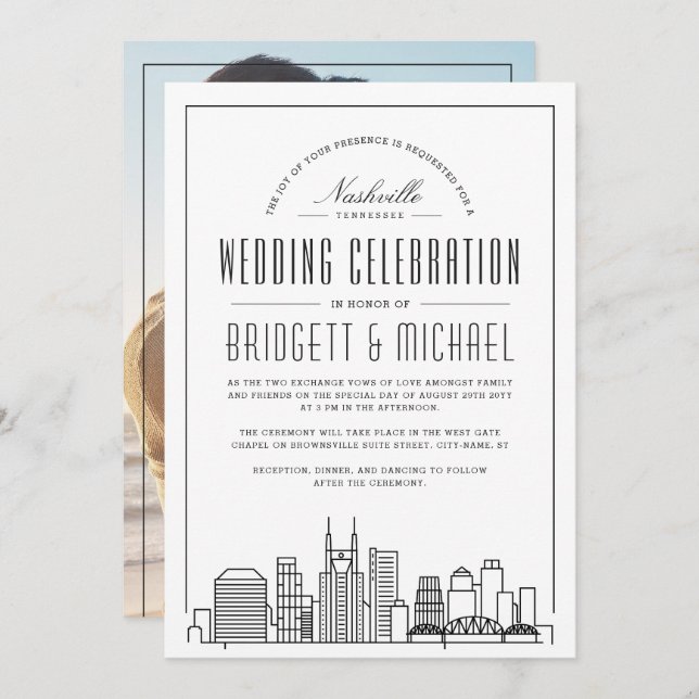 Nashville Wedding | Modern Deko City Skyline Einladung (Vorne/Hinten)