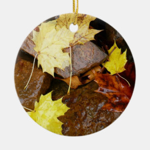 Nasse Blätter und Felsen Herbst Naturfotografie Keramik Ornament