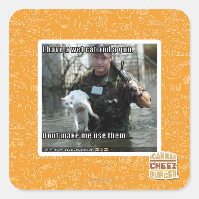 Nasse Katze und Gewehr Quadratischer Aufkleber (Vorderseite)