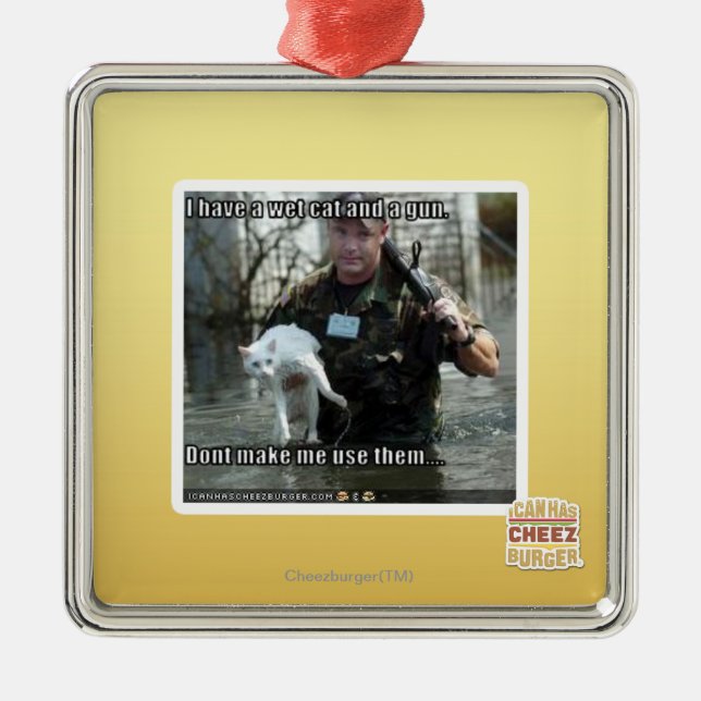 Nasse Katze und Gewehr Silbernes Ornament (Vorne)