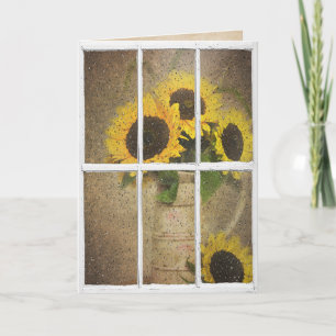 Nassfenster mit Sonnenblumenstrauß Karte