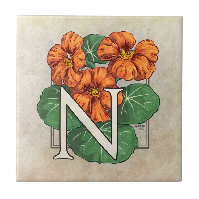 Nasturtien Blume Floral Monogramm Fliese (Vorderseite)