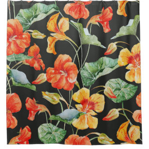 Nasturtium Orange: Dunkles Watercolor-Muster. Duschvorhang
