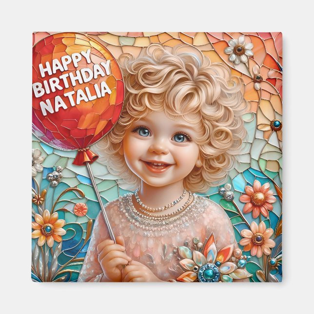 NATALIA~ Happy Birthday ~ Cute Girl Balloon ~  Magnet (Vorne)