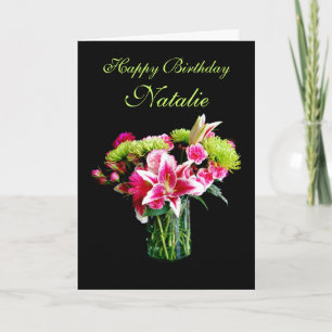 Natalie Happy Birthday, Stargazer Lily Bouquet Karte