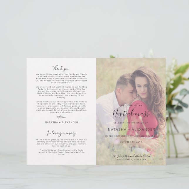 Natasha Katholic Wedding Mass Zeremony Program (Stehend Vorderseite)