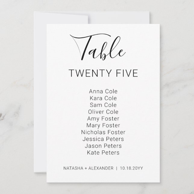Natasha Modern Wedding Table Chart Card Karte (Vorderseite)