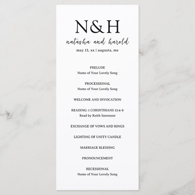 Natasha Monogram Modern Wedding Programm (Vorderseite)