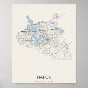 Natick Massachusetts Straßenkarte Poster – Gegr. 1