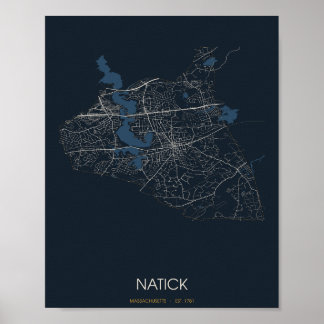 Natick Massachusetts Straßenkarte Poster (Nacht)