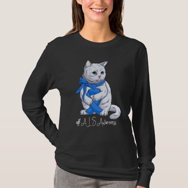 National ALS Awareness Month Blue Ribbon Cute Cat T-Shirt (Vorderseite)