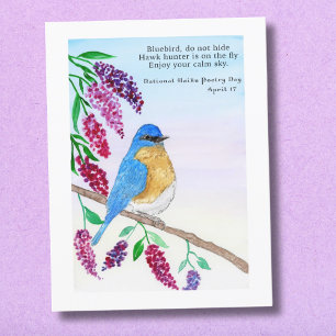 National Haiku Watercolor Blue Bird in Lilac Tree Karte