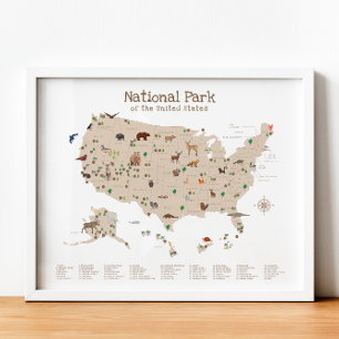 National Park Map Woodland Animal Kinderzimmer Pri Poster