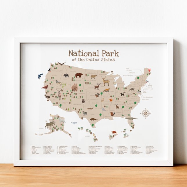National Park Map Woodland Animal Kinderzimmer Pri Poster (National Park Map Woodland Animal Nursery Print)