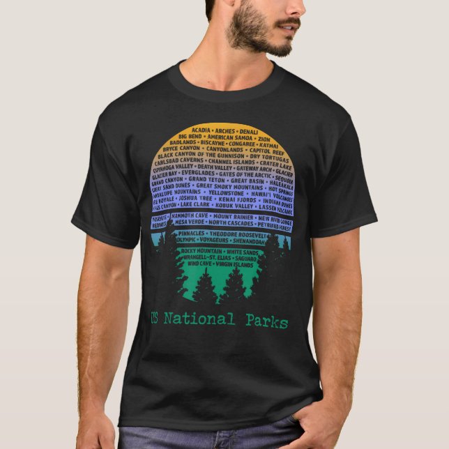 National Parks List Word Cloud Sunset Trees Männer T-Shirt (Vorderseite)