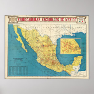 National Railroads of Mexico Map Poster