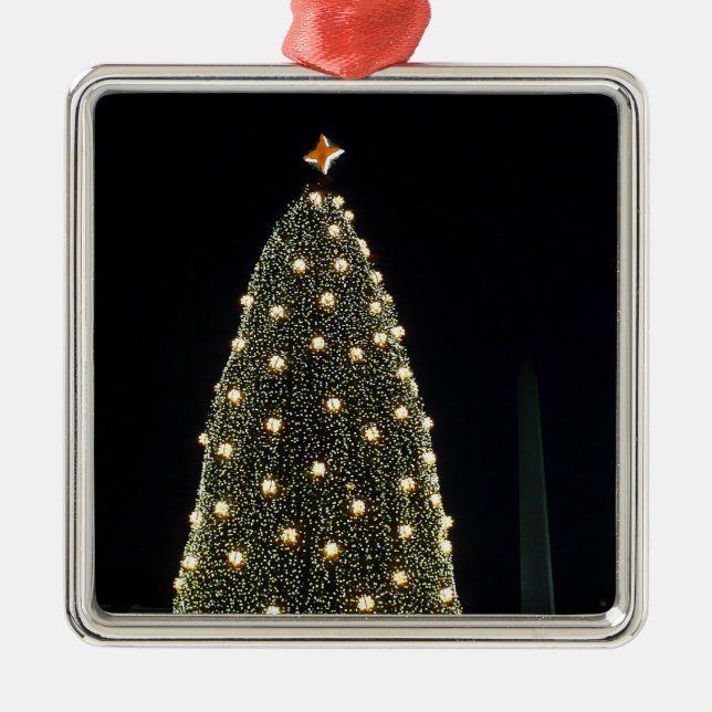National Xmas Tree & Washington Monument at Night Silbernes Ornament (Vorne)