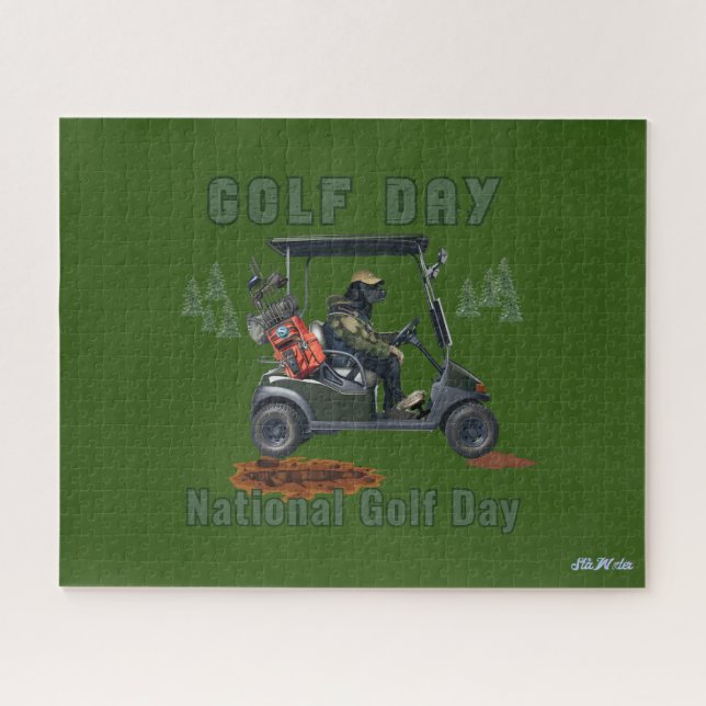 Nationaler Golftag, lustiger grüner Hundgolf Puzzle (Horizontal)