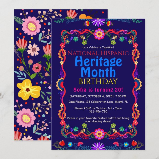 Nationales hispanisches Erbe Geburtstag farbenfroh Einladung (Vorne/Hinten)