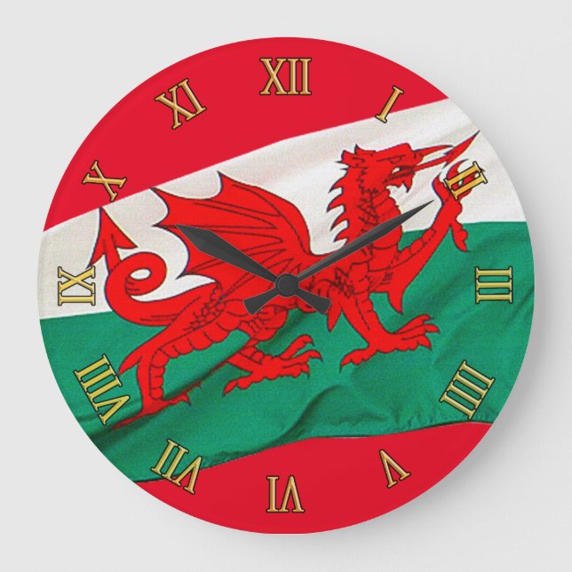 Nationalflagge Wales, Patriotischer Roter Drache Große Wanduhr (Vorderseite)