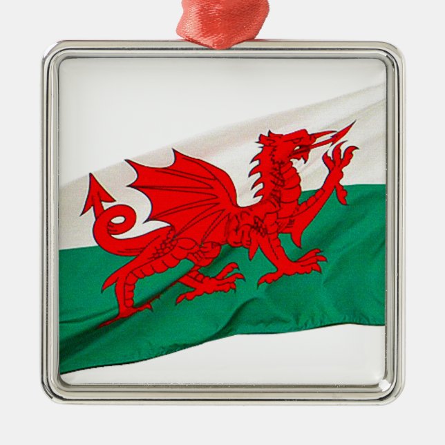 Nationalflagge Wales, Patriotischer Roter Drache Silbernes Ornament (Vorne)