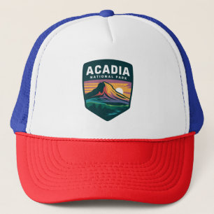 Nationalpark Acadia Sunset Abzeichen Illustration Truckerkappe