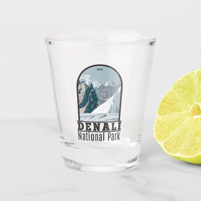 Nationalpark Denali Alaska Mount Hunter Vintag Schnapsglas (Vorderseite)