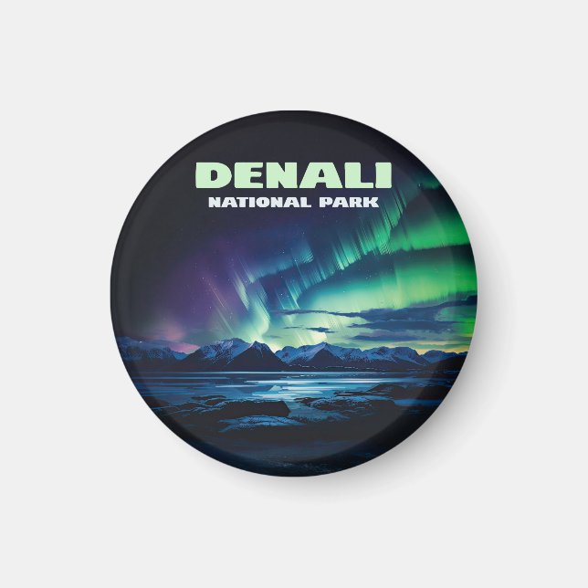 Nationalpark Denali Alaska Nord Lights Retro Magnet (Vorne)