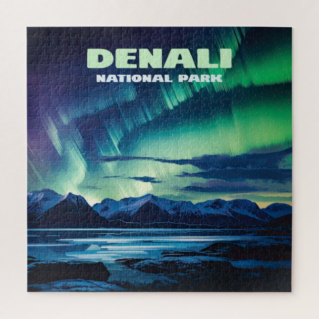 Nationalpark Denali Alaska Nord Lights Retro Puzzle (Vertikal)