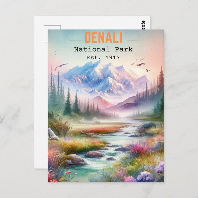 Nationalpark Denali Alaska Wasserfarbe Postkarte (Vorne/Hinten)