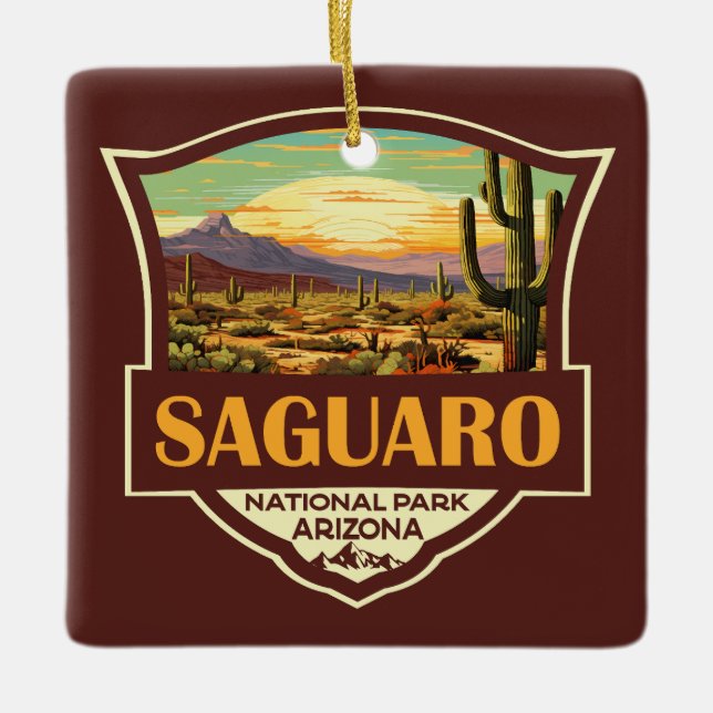 Nationalpark Saguaro Illustration Retro Keramikornament (Vorderseite)