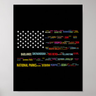 Nationalparks USA Liste Wortwolke US-Flagge Campin Poster