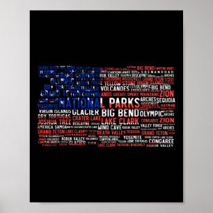 Nationalparks USA Liste Wortwolke US-Flagge Campin Poster