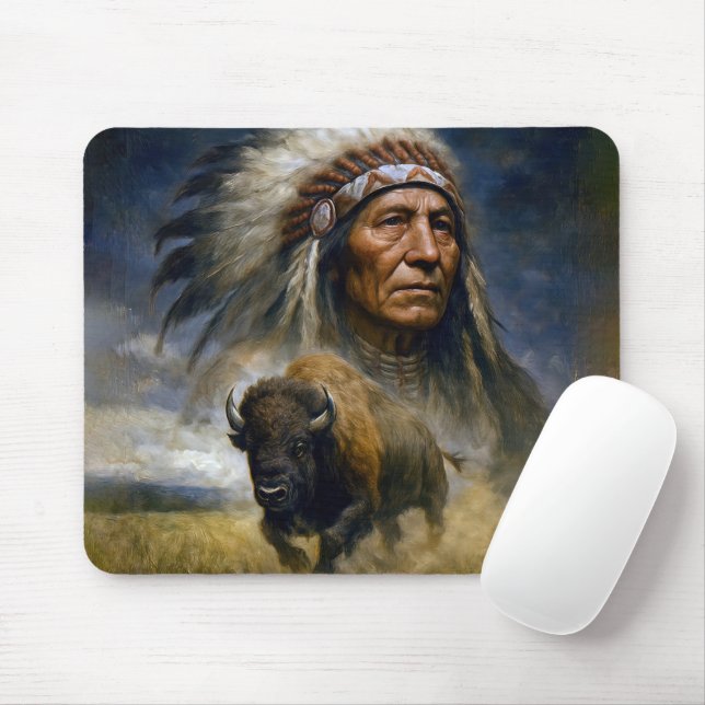 Native American Chief with Charging Buffalo Mousepad (Mit Mouse)