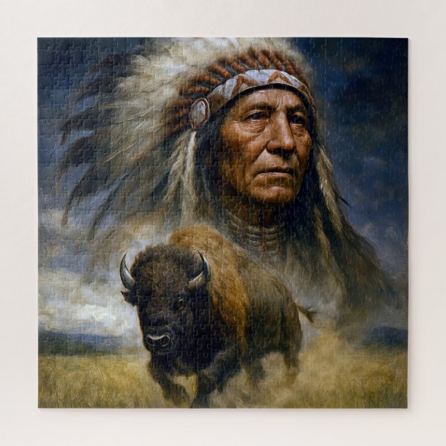 Native American Chief with Charging Buffalo Puzzle (Vertikal)