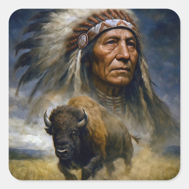 Native American Chief with Charging Buffalo Quadratischer Aufkleber (Vorderseite)