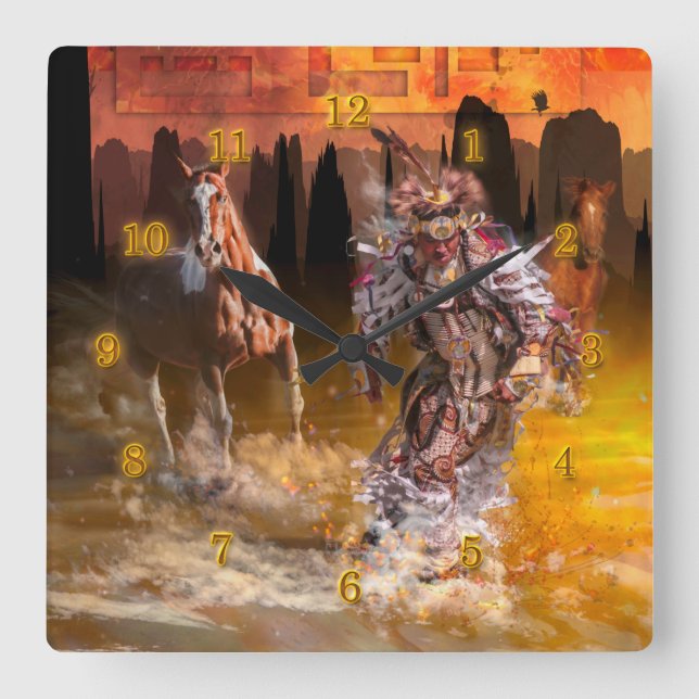 Native American Dancer ROLLING THUNDER Quadratische Wanduhr (Vorderseite)